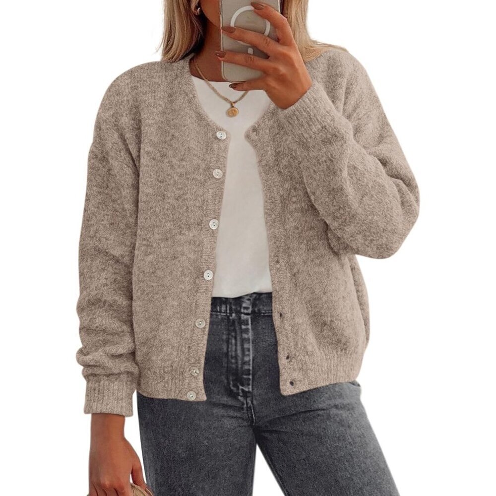 Long Sleeve Knit Cardigan Women Lightweight Button Crewneck Fall Fashion